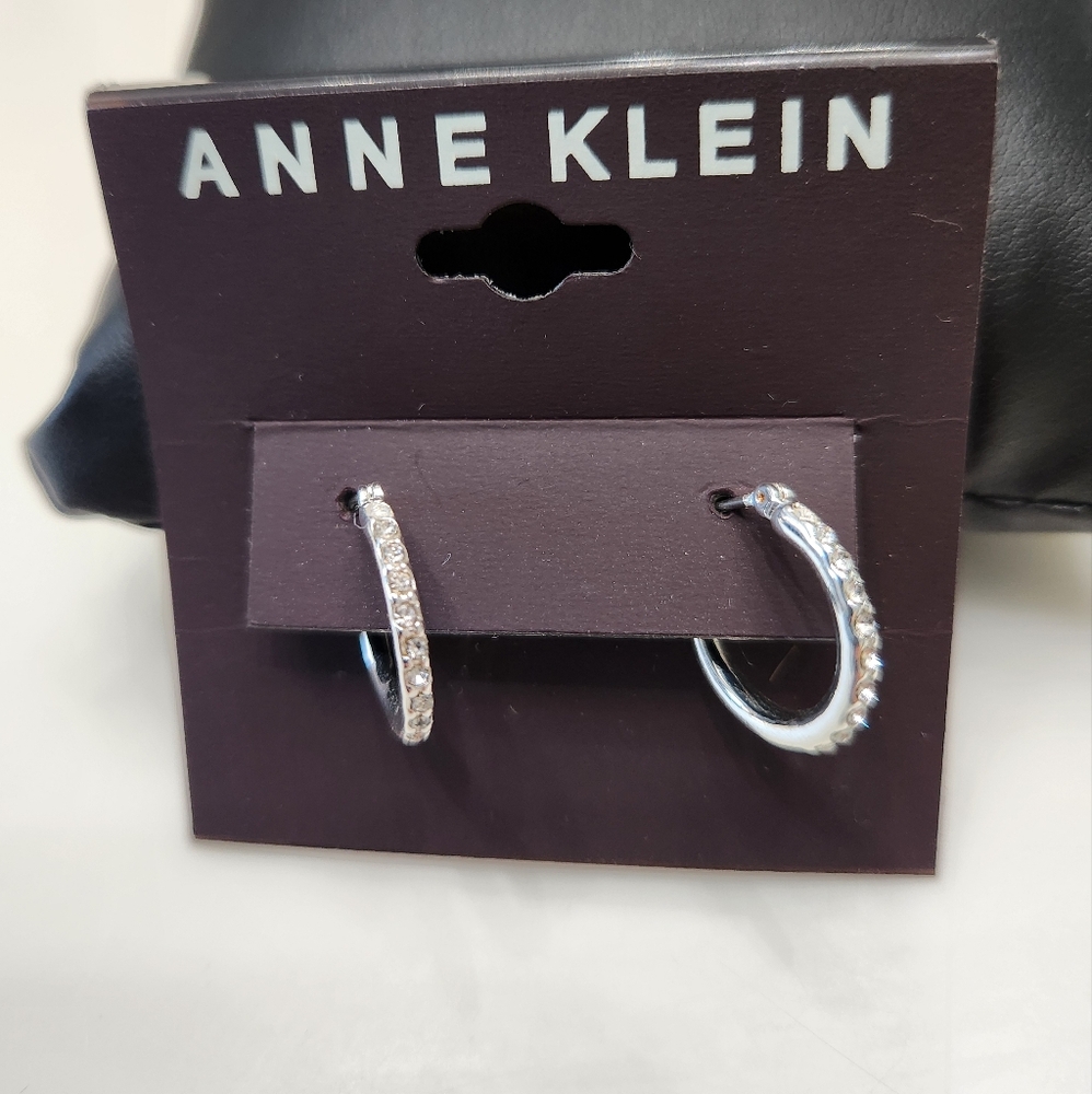 Anne Klein Silver Tone and Crystal Small Hoop Earrings